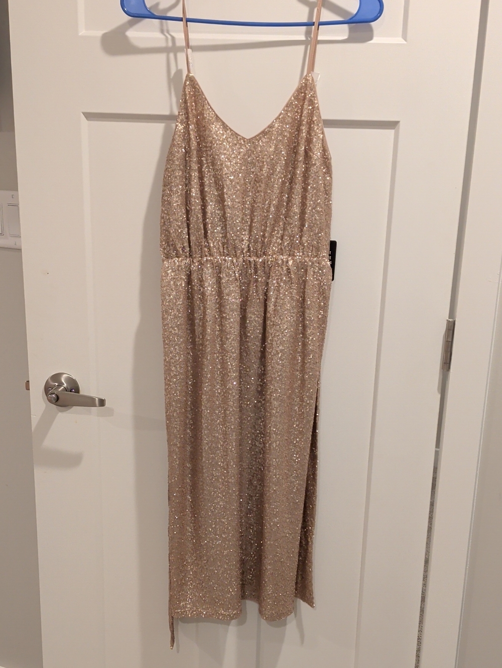 Express Gold Sequin Midi Dress with Spaghetti Straps